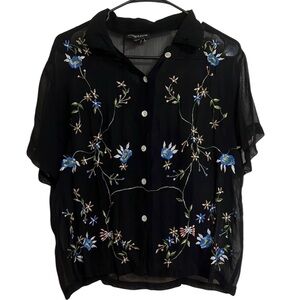 Vintage Magazine Sheer Black w Blue Flowers and Vines Embroidered Top Size Med